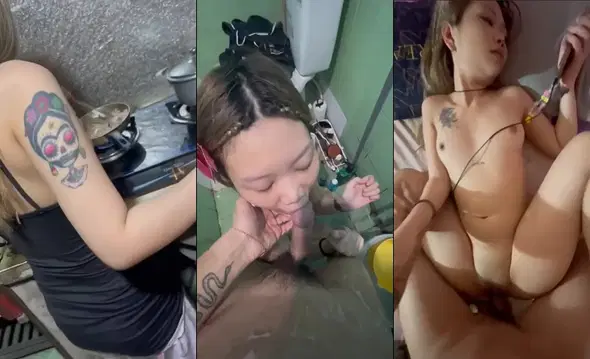 Chơi em gái xăm trổ từ phòng bếp tới nhà vệ sinh